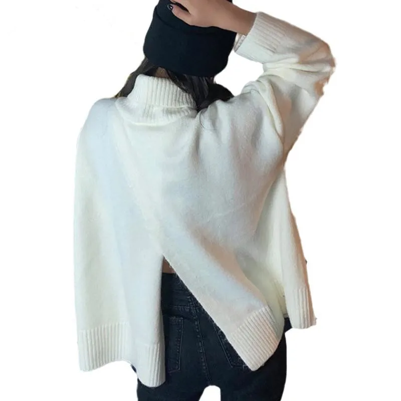 

Женский свитер с длинным рукавом с высоким, плотно облегающим шею воротником Разделение вязаный свитер Пуловеры свободные длинные 2 способ...