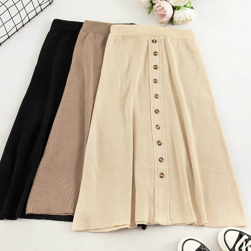 SINGRAIN популярная вязаная женская юбка трапециевидной формы с пуговицами длинные