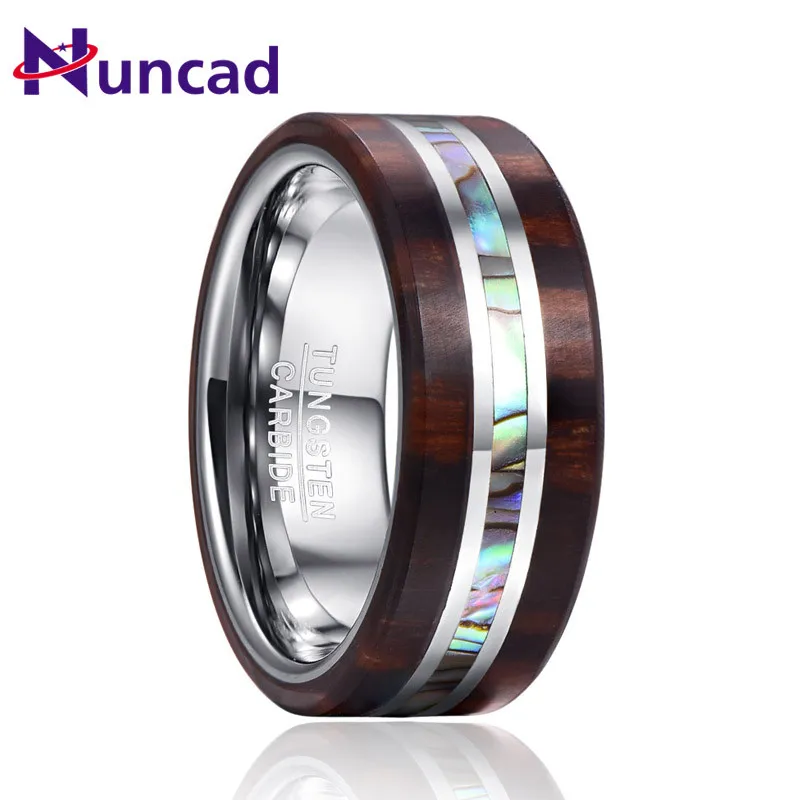 

NUNCAD Men's Engrave Name Rings 8MM Ebony Wood Grain Natural Abalone Shell Tungsten Steel Ring Wedding Band Boyfriend's Gift
