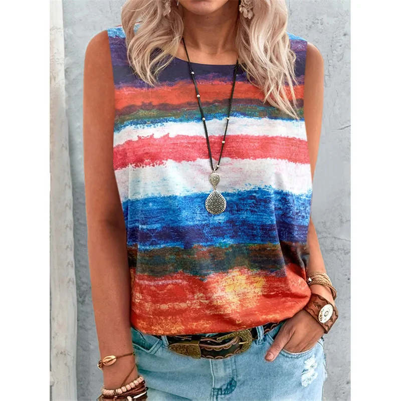 

Striped Print O-Neck Female T shirts Summer New Beach Party Sleeveless Loose Tank T shirt Women Tops Plus Size Casual Tee Shirts