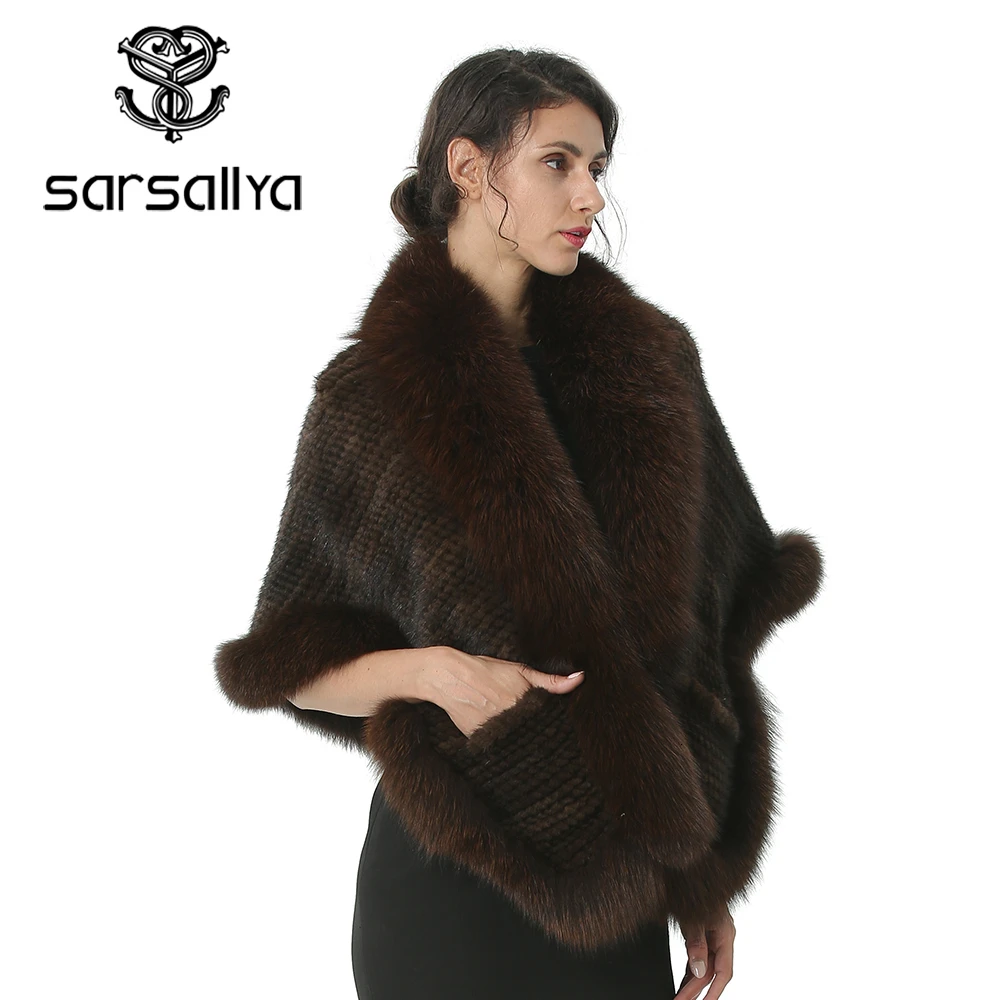Женское пончо с натуральным мехом зимние теплые вязаные меховые из норки женские