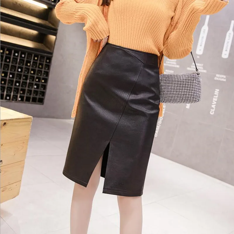 

High Waist Autumn Winter PU Skirts Women Solid Black Skirt Vintage Fit Slim Knee-Length Skirts Femme Casual Skirt S-XXL S504