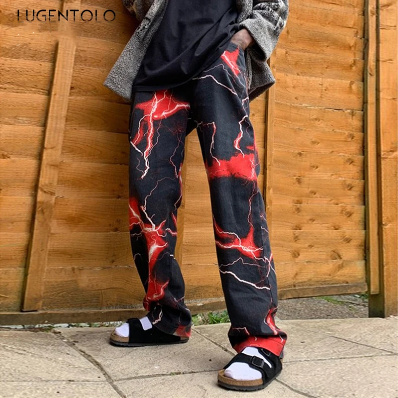 

Lugentolo Vintage Pants Men Casual Trousers Spring Summer Mid Waist Dark Fashion Lightning Print Men's Straight Long Pants