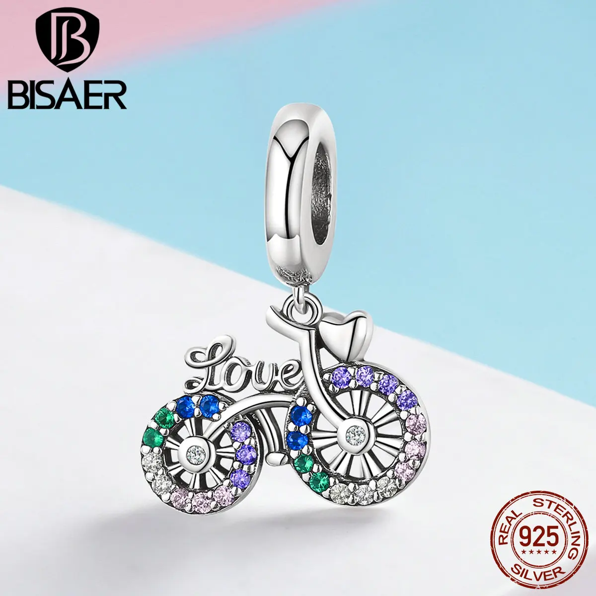 BISAER 925 пробы серебро красочные CZ велосипед кулон очаровательный подрходит к