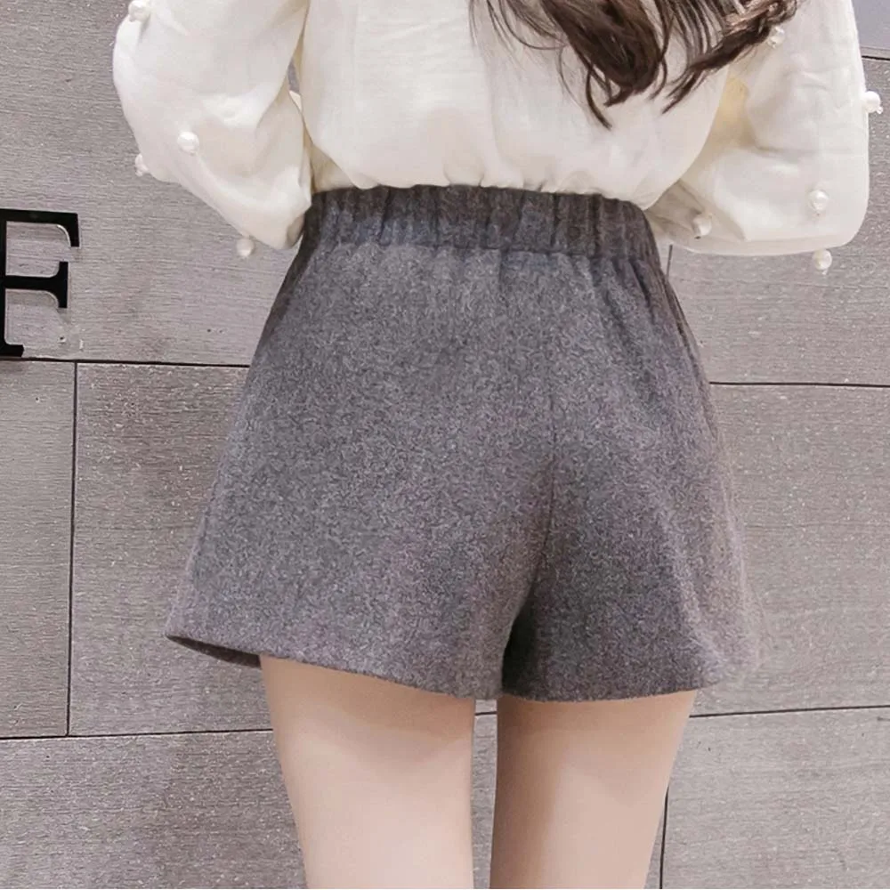 Осенне зимние женские шерстяные шорты повседневные с поясом прямые