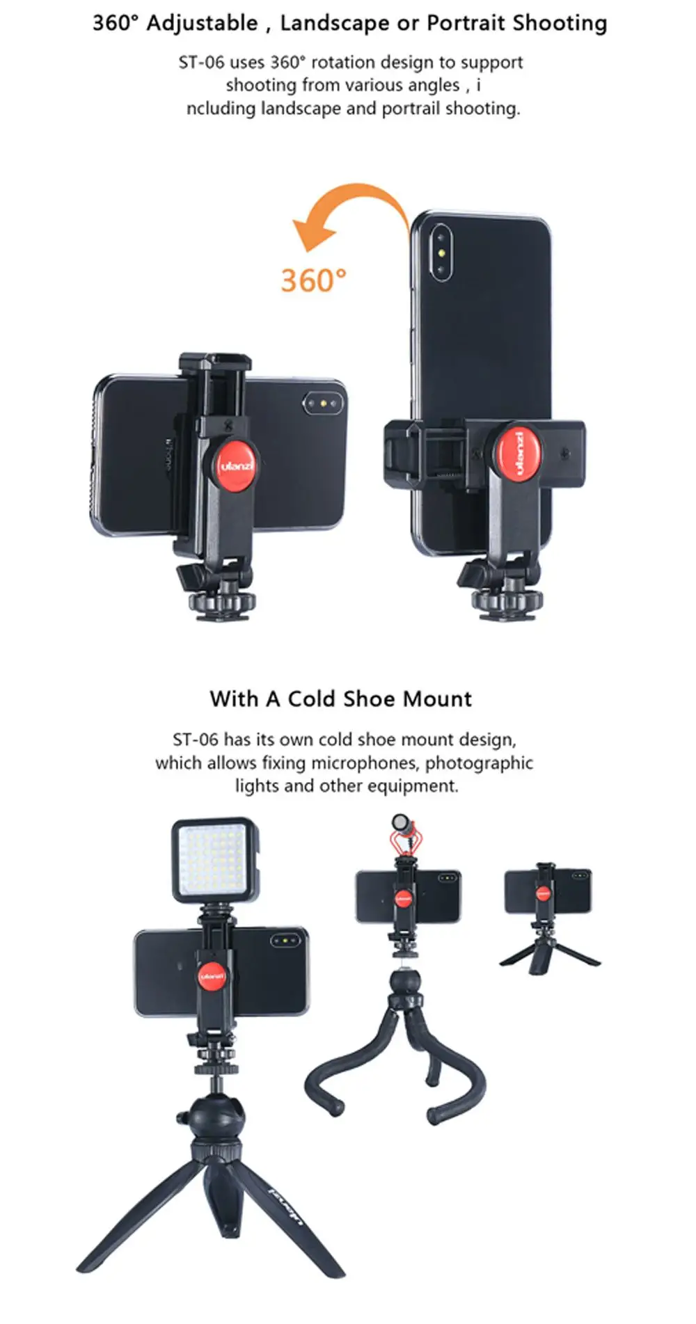 Ulanzi ST-06 360 Degree Rotation Vertical Bracket Phone Clip Holder Clamp Mount with Cold Shoe for DSLR Phone Photo Monitoring