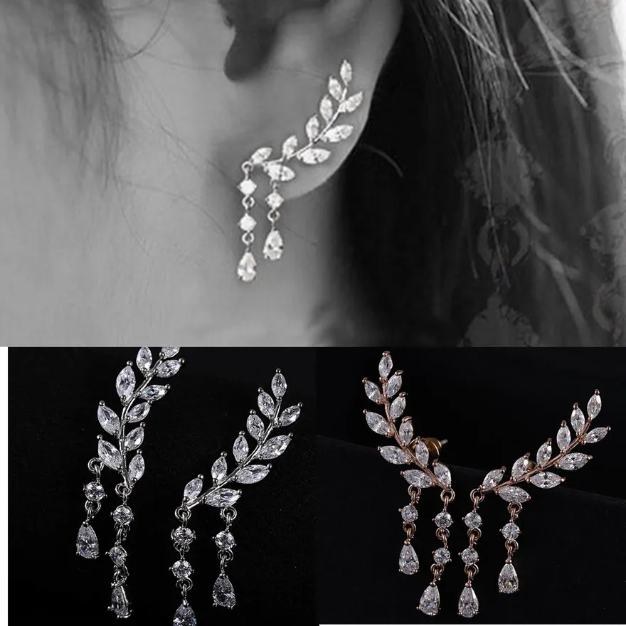 Женские серьги-гвоздики с цирконом простые в виде листьев кисточками и стразами |