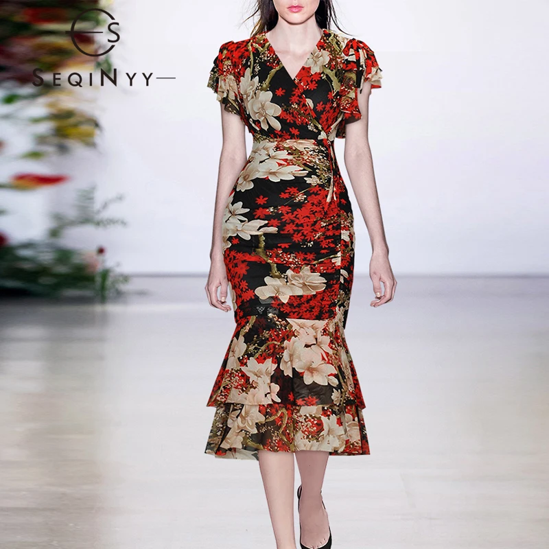 

Женское платье-футляр с цветочным принтом SEQINYY, винтажное платье-миди из эластичной сетчатой ткани, лето-весна