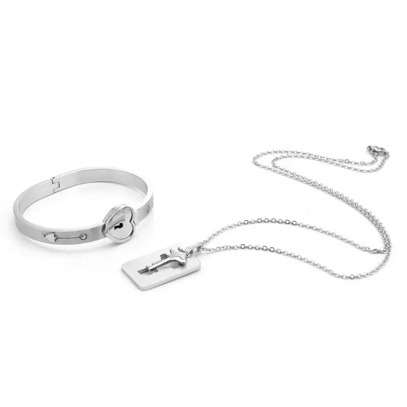 

Concentric Lock Couple Bracelets Necklace Set Women Men Titanium Steel Heart-shaped Locks Bracelet Valentine Day Gifts