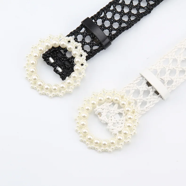 

New Korean Pearl Simple Belts For Women Dress Luxury Quality Designer Woven Knitted Belts Female High Waist Black White