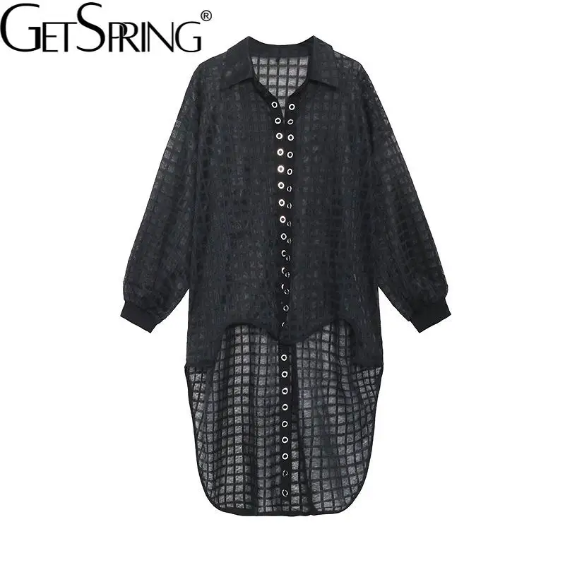 

Getspring женская рубашка пэчворк Асимметричные черные летние блузки Топы Асимметричные с длинным рукавом Свободная прозрачная блузка рубашка...