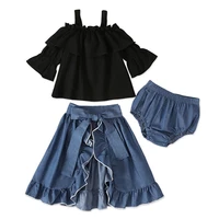 baby girl clothes black half sleeve off shoulder halter topunderwearblue split denim skirt with bow 3 piece suit for 1 5 years