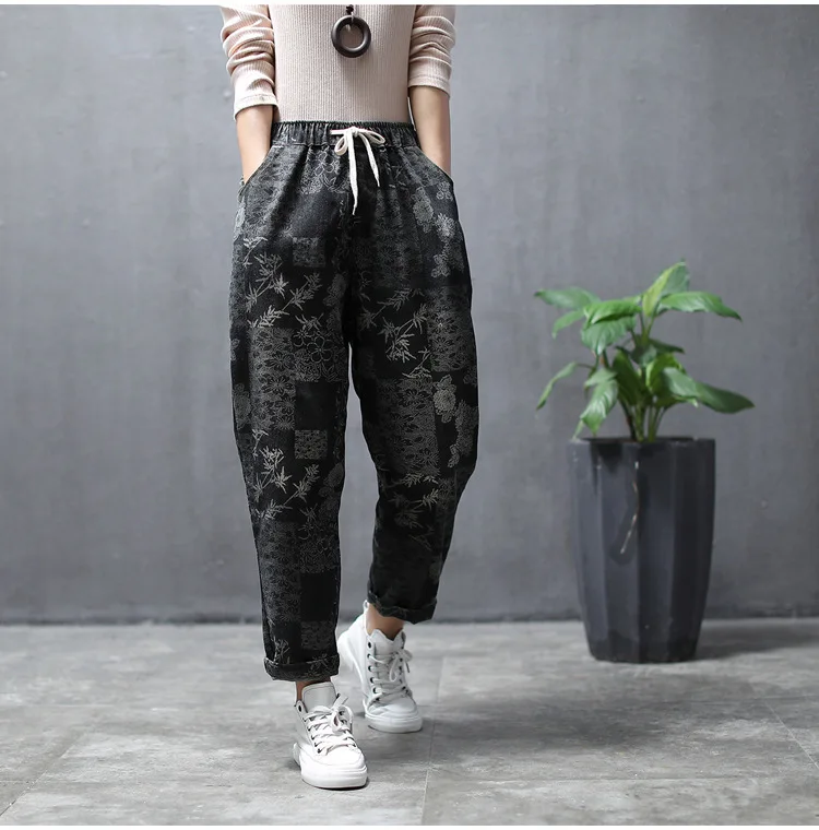 Женские джинсы с винтажным принтом свободные шаровары высокой талией