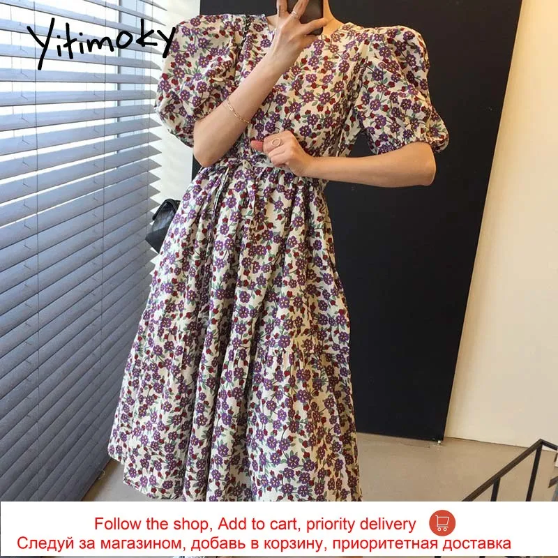 

Yitimoky Vintage Dresses Women Square Collar Puff Sleeve 2021 Summer Fashion Korean New Printing Floral Bandge Simple Dress