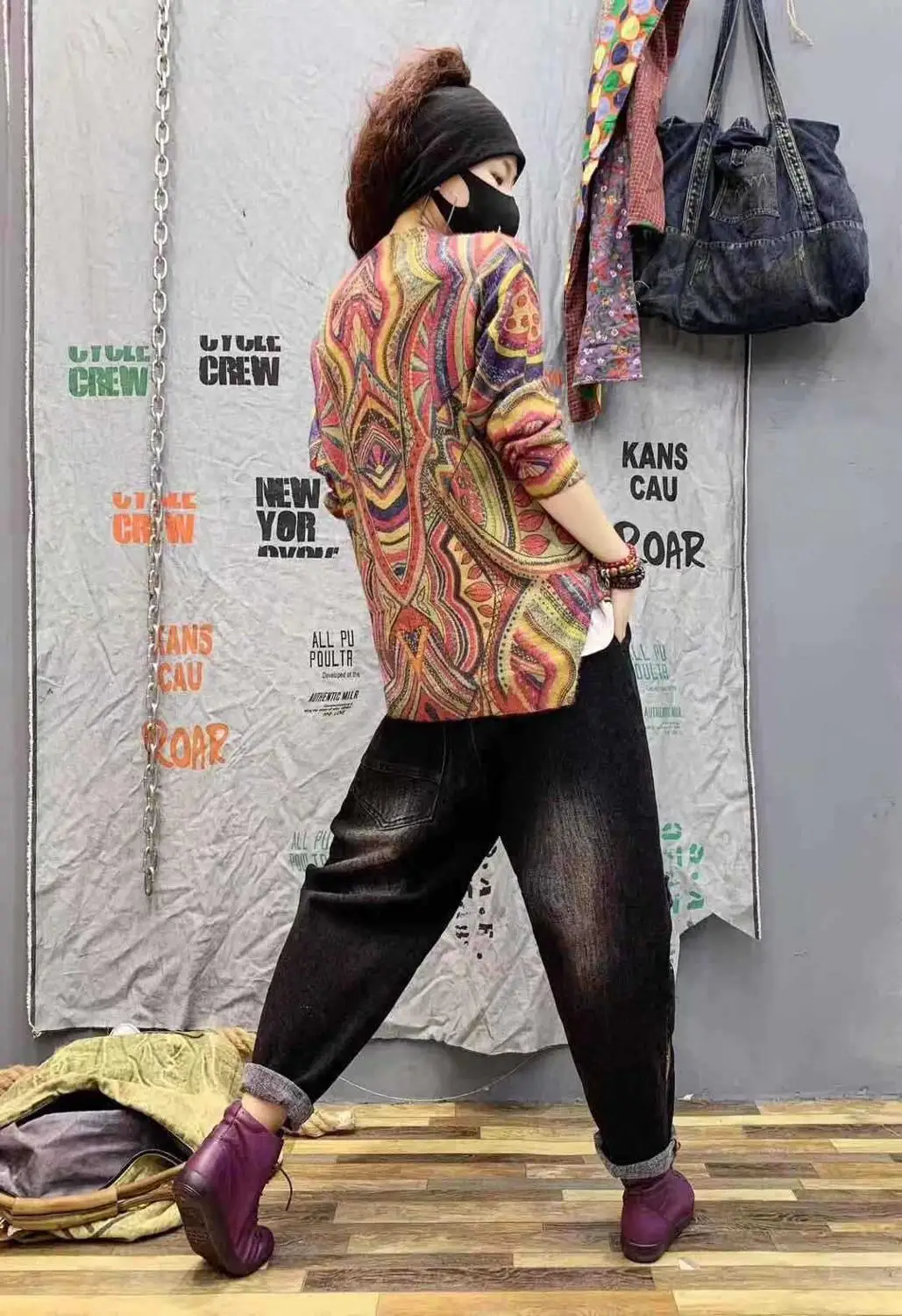 National style autumn and winter new literary retro casual print sweater loose round neck knit female | Женская одежда