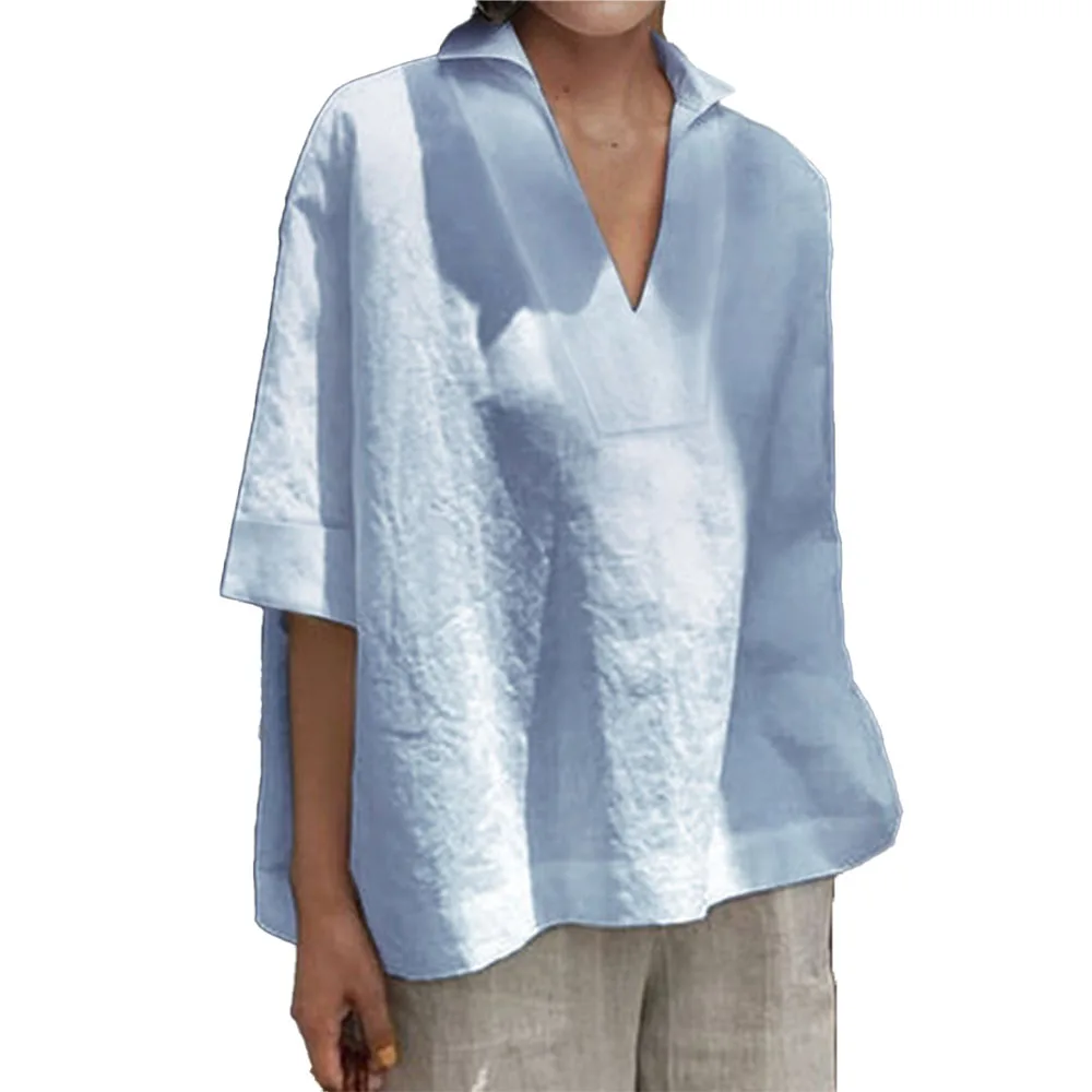 

V-neck Cotton And Linen Short-Sleeved Blouse All-Match Solid Color Loose Top