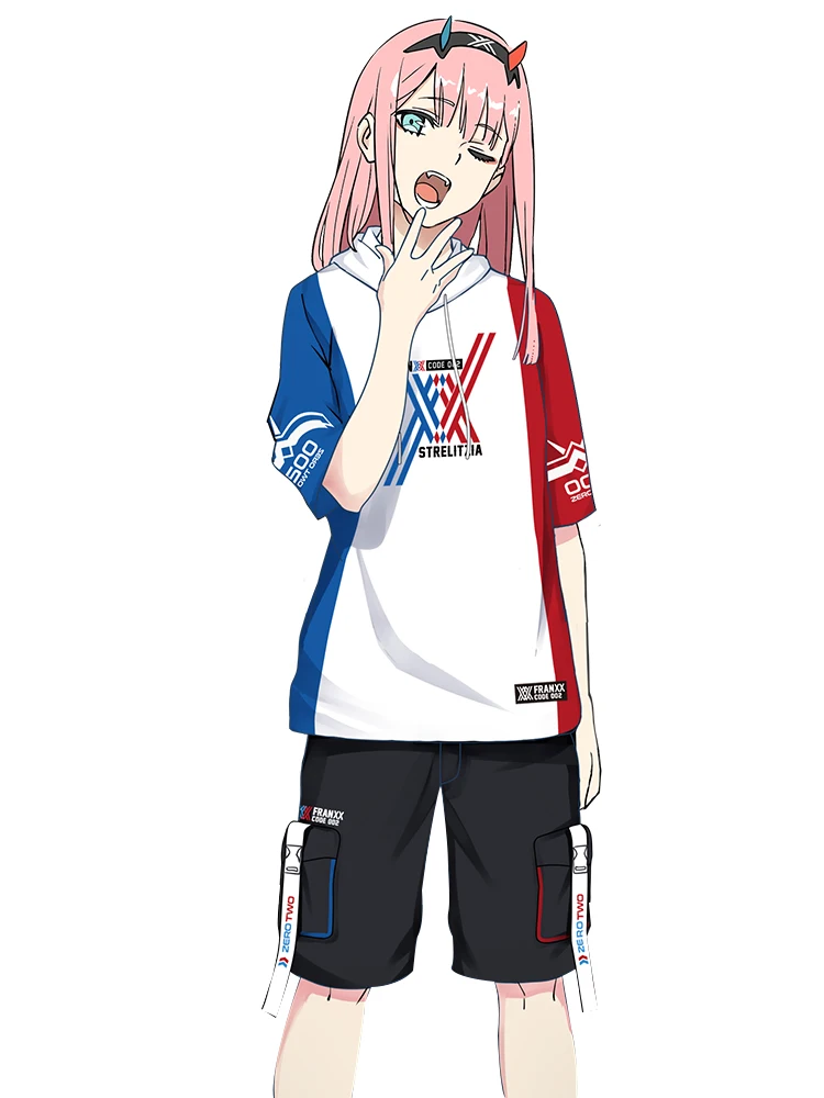 

Darling In The Franxx 02 Zero Two, костюм для костюмированной вечеринки, футболка с капюшоном и коротким рукавом, шорты, летние топы унисекс, комплект, женс...