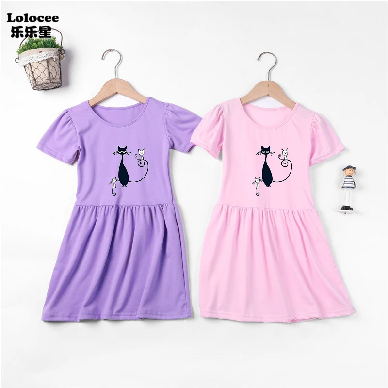 

Aimi Lakana Summer Short Sleeve Casual Dress Baby Girl Cartoon Princess Dress 3 Cat Print Clothing Kid Girls Cotton Clothes