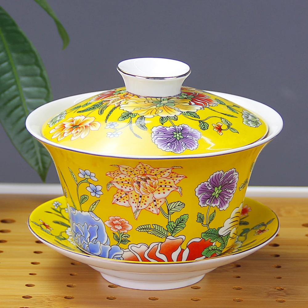 Colorful Sancai Gaiwan Egg-Shell Bone China Tea Cup and Saucer Set 300ml Ceramic Eight Treasures Tea Bowl Kungfu Teaware Tureen