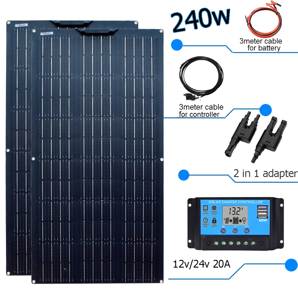 Beli Panel Tenaga Surya/Solar Panel 12V 240W 20A Solar Charger Controller Fotovoltaik Kit Home Sistem Untuk Mobil RV Perahu Kemping Caravan Camping PV