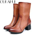 Женские сапоги до середины икры OUKAHUI, осенние элегантные винтажные сапоги из натуральной кожи, с круглым носком, на толстом каблуке, на молнии, зимние теплые, 2020