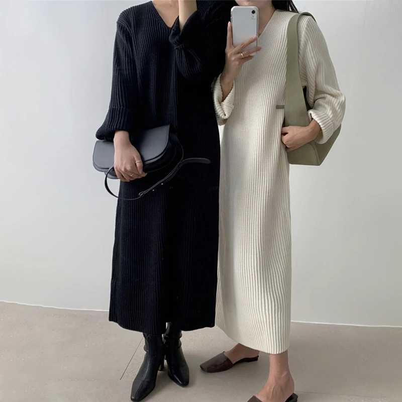 

GALCAUR Casual Loose Dress For Women V Neck Long Sleeve Knitted Minimalist Midi Dresses Female Fashion Clothing 2020 New Autumn