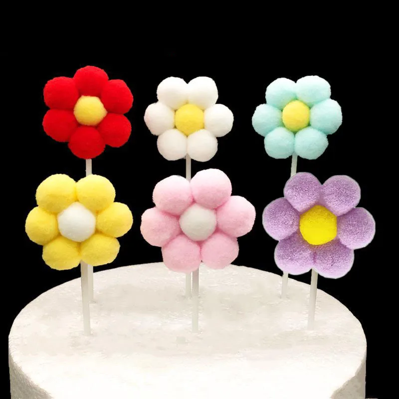 

Cute Flowers Cake Topper Happy Birthday Colorful Birthday Party Cake Insert Plush Cake Decoration Wedding Cakes Dessert Decor