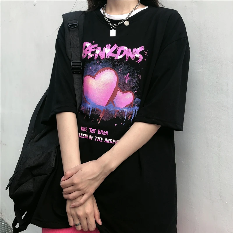 

Summer Harajuku Short Sleeve T Shirt Casual Loose Student Love Letter Printing Tees Tops Oversized Black White T-Shirt Women