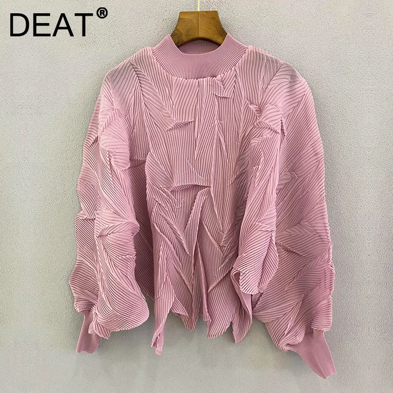 Женская плиссированная футболка DEAT Повседневная Свободная розового цвета со