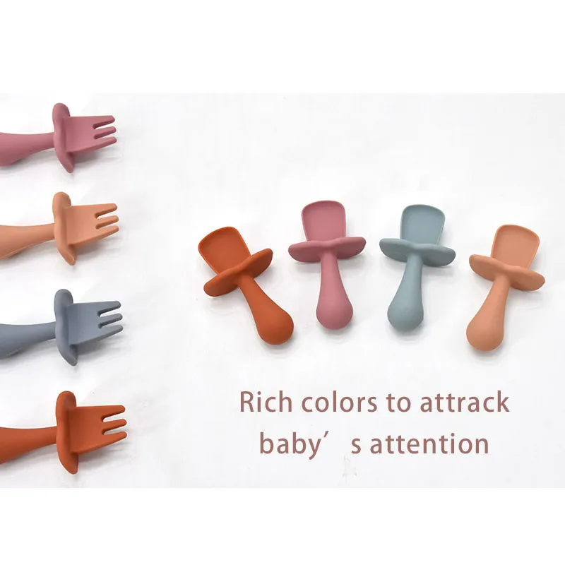 

2Pcs/Set Baby Training Spoon Fork Food Grade Silicone Spoon Toddlers Infant Feeding Accessories Spoon Silicone Tableware