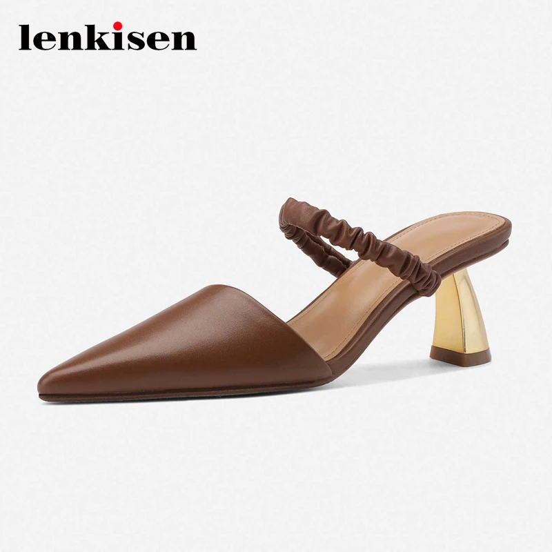 

Lenkisen simple style gorgeous genuine leather pleated pointed toe high strange heels mules slip on office lady women pumps L61