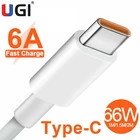 Кабель UGI 6A 66 Вт для быстрой зарядки, быстрое зарядное устройство, USB C кабель для Xiaomi, HTC, Samsung, RedMi, Huawei, Oneplus, белый, быстрая доставка
