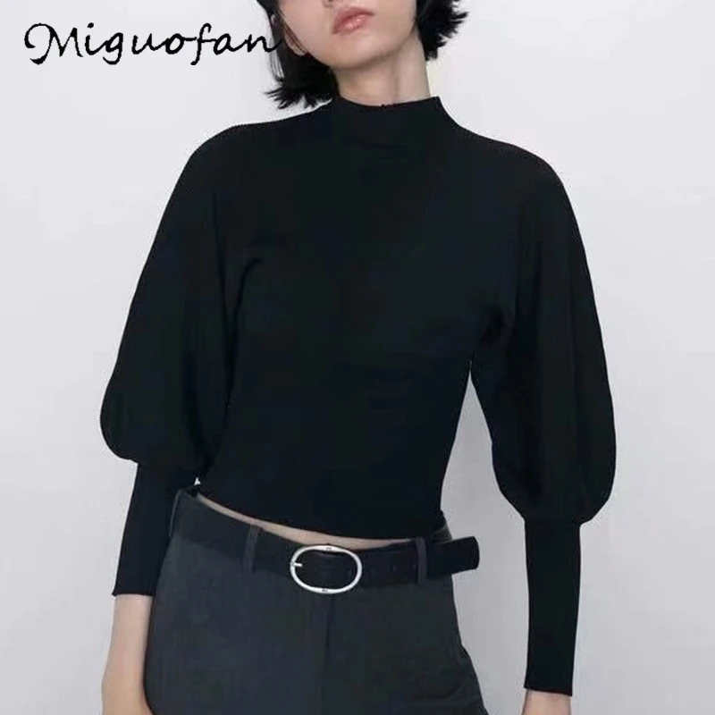 Miguofan women sweaters turtleneck jumper knitted thin sweater lantern sleeve stretchy slim pullovers female solid tops | Женская одежда