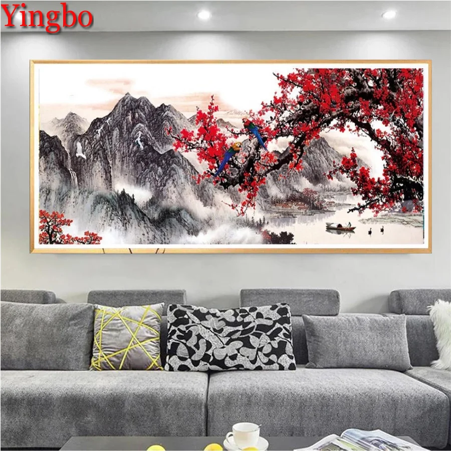 

Алмазная 5d живопись Yingbo, полноразмерная вышивка с цветами сливы, гор, озера, пейзажа, мозаика, домашний декор