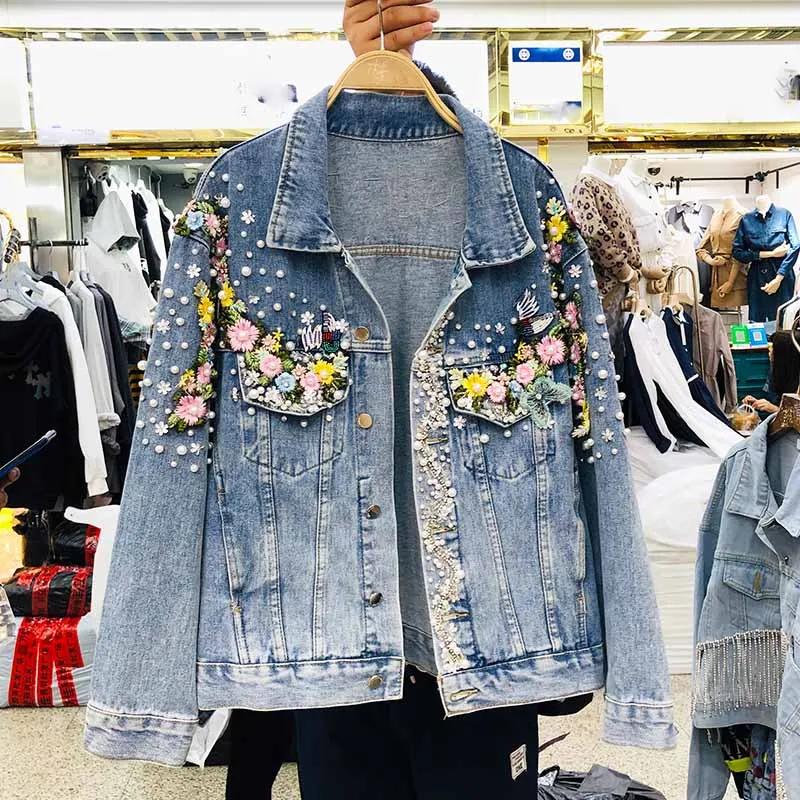 Тяжелая работа бисером цветок джинсовая куртка 2019 осень новая свободная
