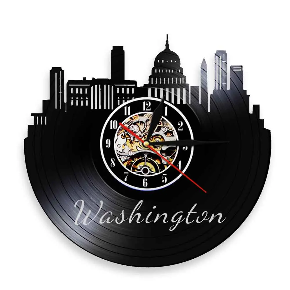 Washington DC Skyline Vinyl Record Wall Clock United States Capital Skyscrapers Office Room Art Decor Wall Watch US Travel Gift