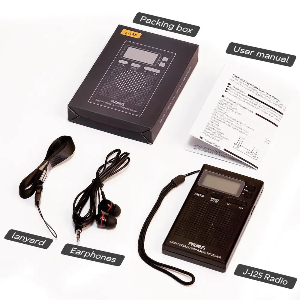 Портативный карманный мини радиоприемник с будильником PRUNUS J 125 AM/FM наушниками 12