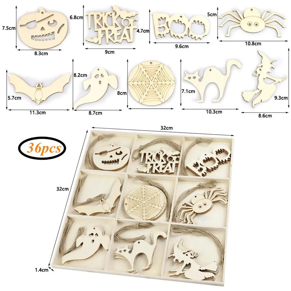 

[ Clearance Sale ] 72pcs Wooden Halloween Ornaments Hollow Hanging Pendant for Home Art Crafts
