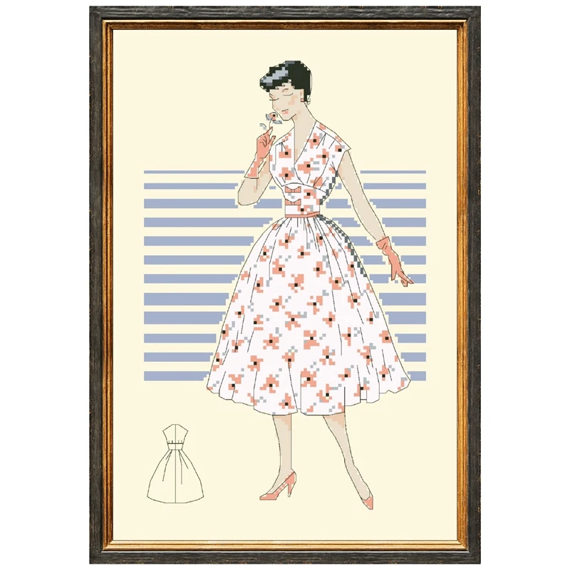

Lady in white dress cross stitch kits snow flakes pattern design 18ct 14ct 11ct light yellow canvas embroidery DIY needlework
