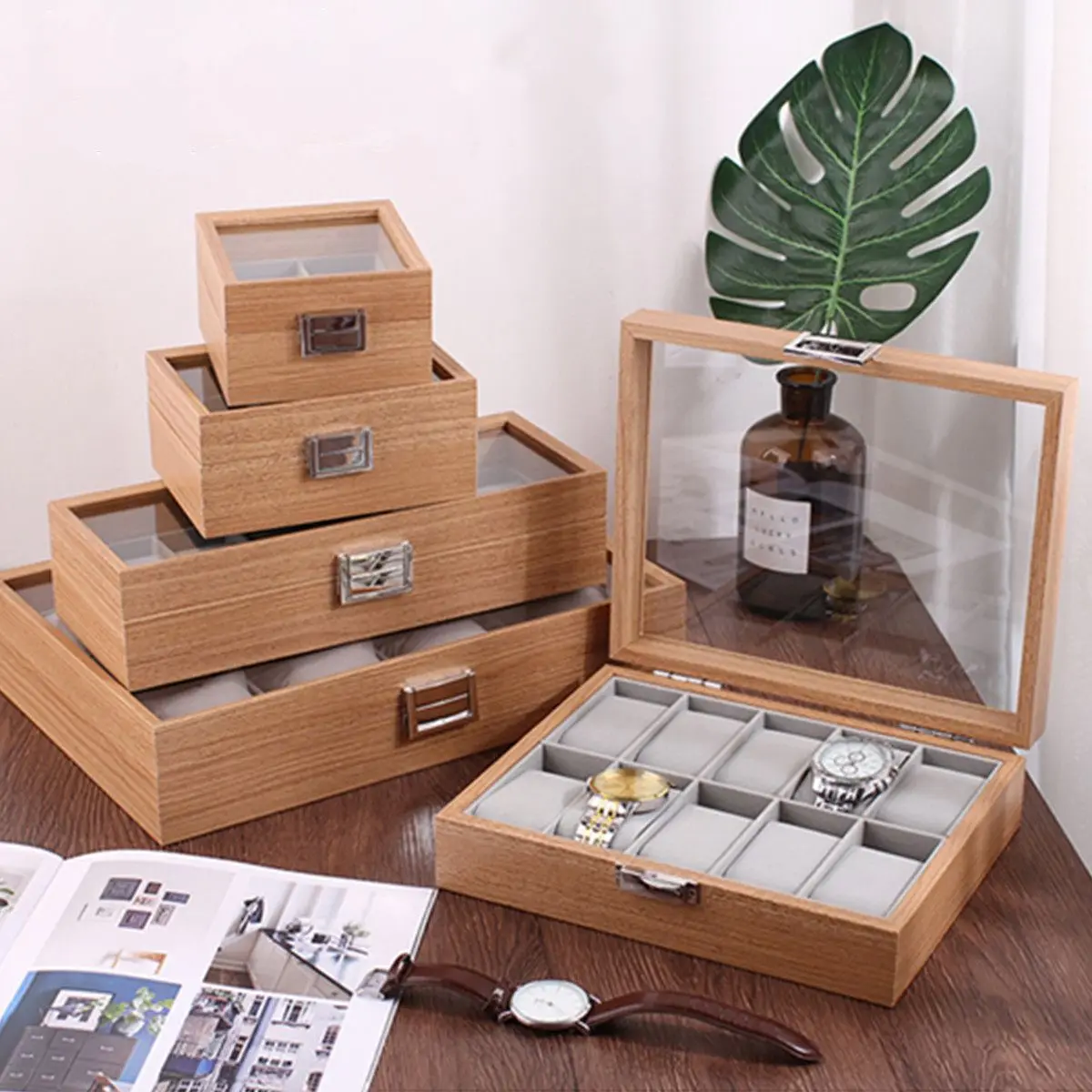 

2/3/6/10 Grids Retro Wooden Watch Display Case Durable Packaging Holder Jewelry Collection Storage Watch Organizer Box