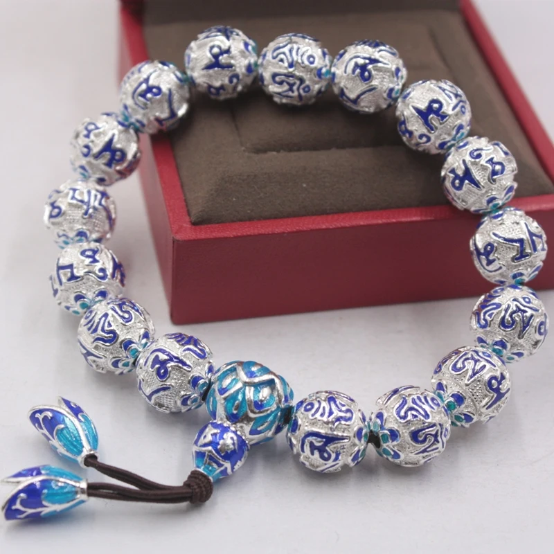 

Браслет из стерлингового серебра 999 пробы, изящное серебряное ювелирное изделие с синей эмалью, шесть слов, 14 МВт, Эластичный подарок для жен...