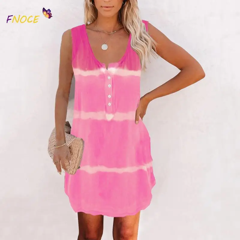 

FNOCE Women's Sleeveless Tie-Dye Mini Dress Soild Color Button Vest Dress Women's Clothing 2021 Summer Fashion Casual Urban