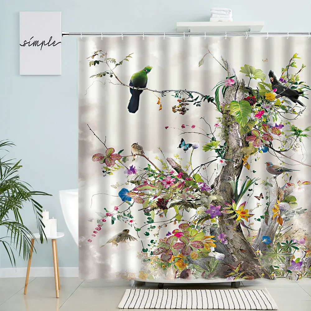 Занавеска для душа в китайском стиле с цветами птицами бабочками деревьями