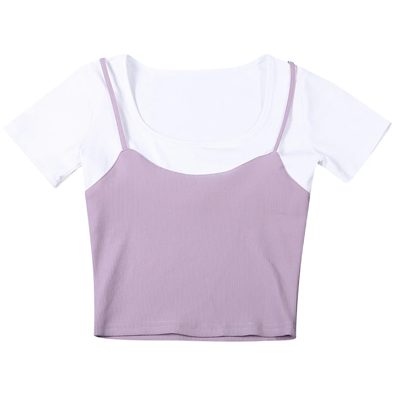 

Sports T-shirt female fake two-piece short umbilical tights net red breathable and thin training yoga clothes top summer