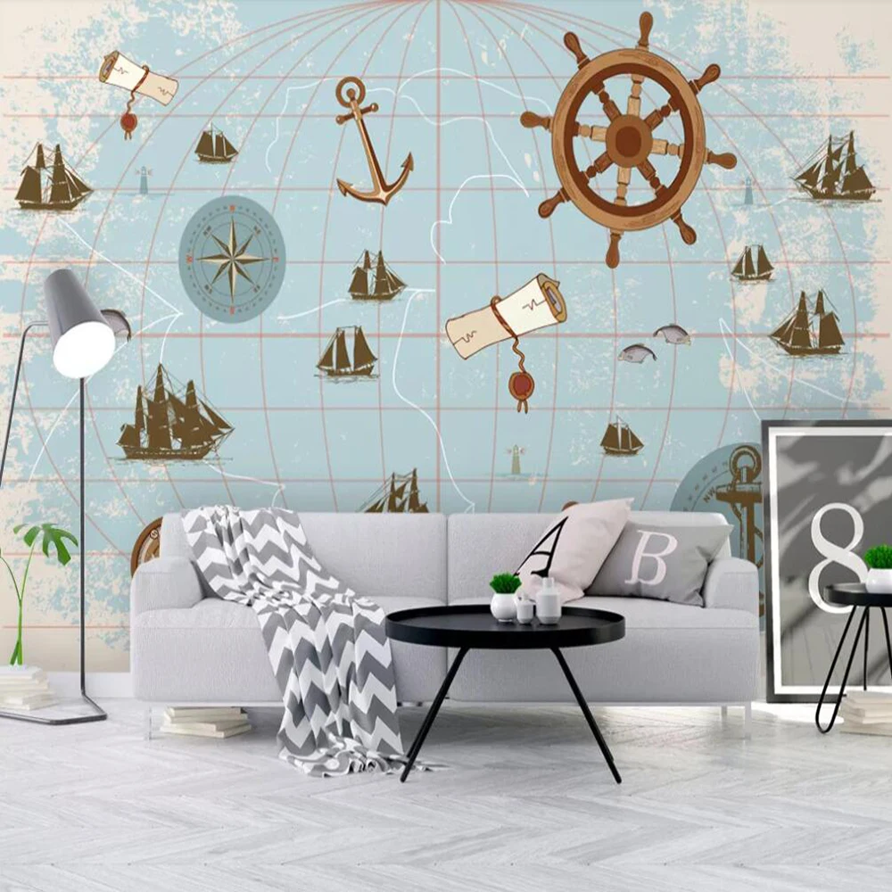 

Custom mural wallpaper 3D modern minimalist hand-painted Nordic nautical map children's room mural background wall