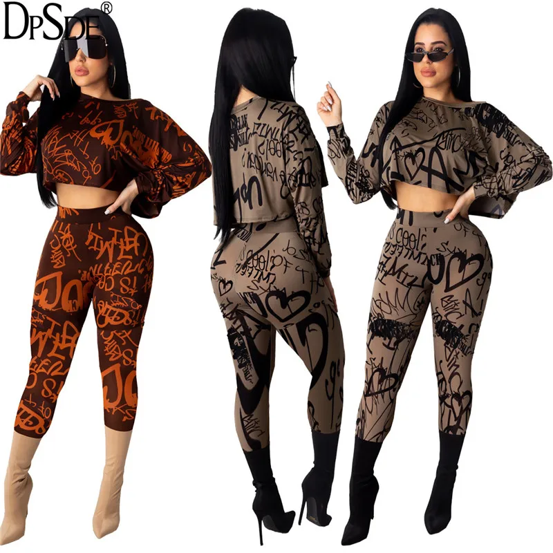 Модный домашний женский комплект DPSDE цвета хаки из двух предметов с надписью