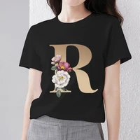 womens casual letter t shirt commuter black initial name printing round neck harajuku top basic slim fit abcdefg short sleeves