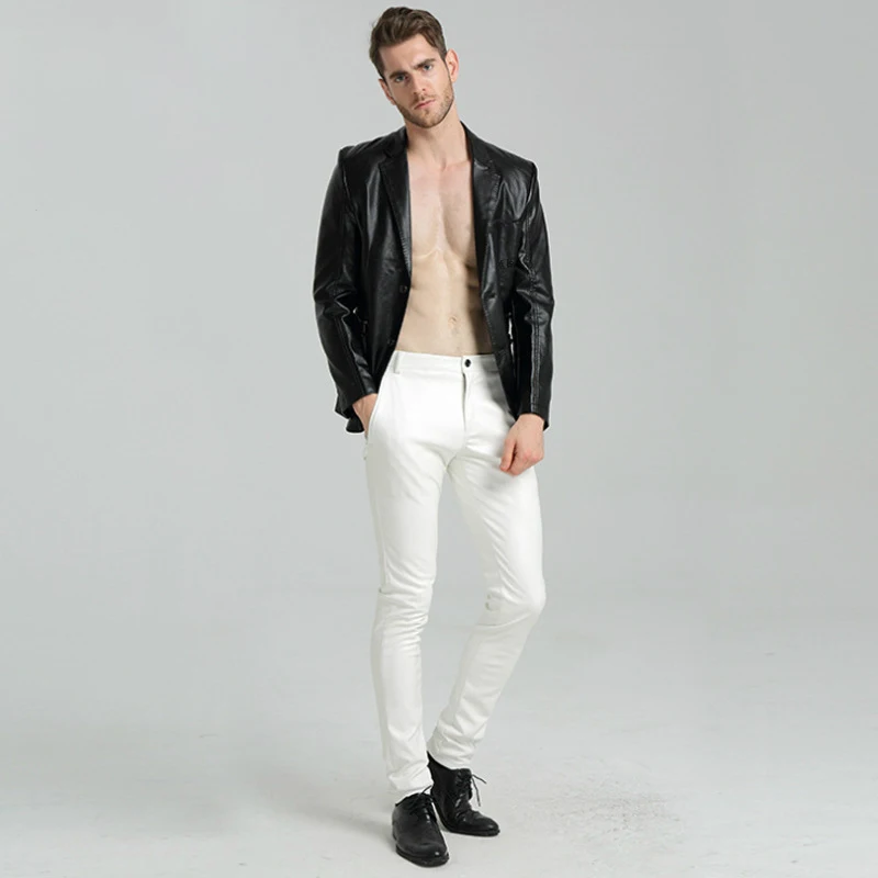 Модные весенние белые кожаные мотоциклетные брюки мужские узкие корейские
