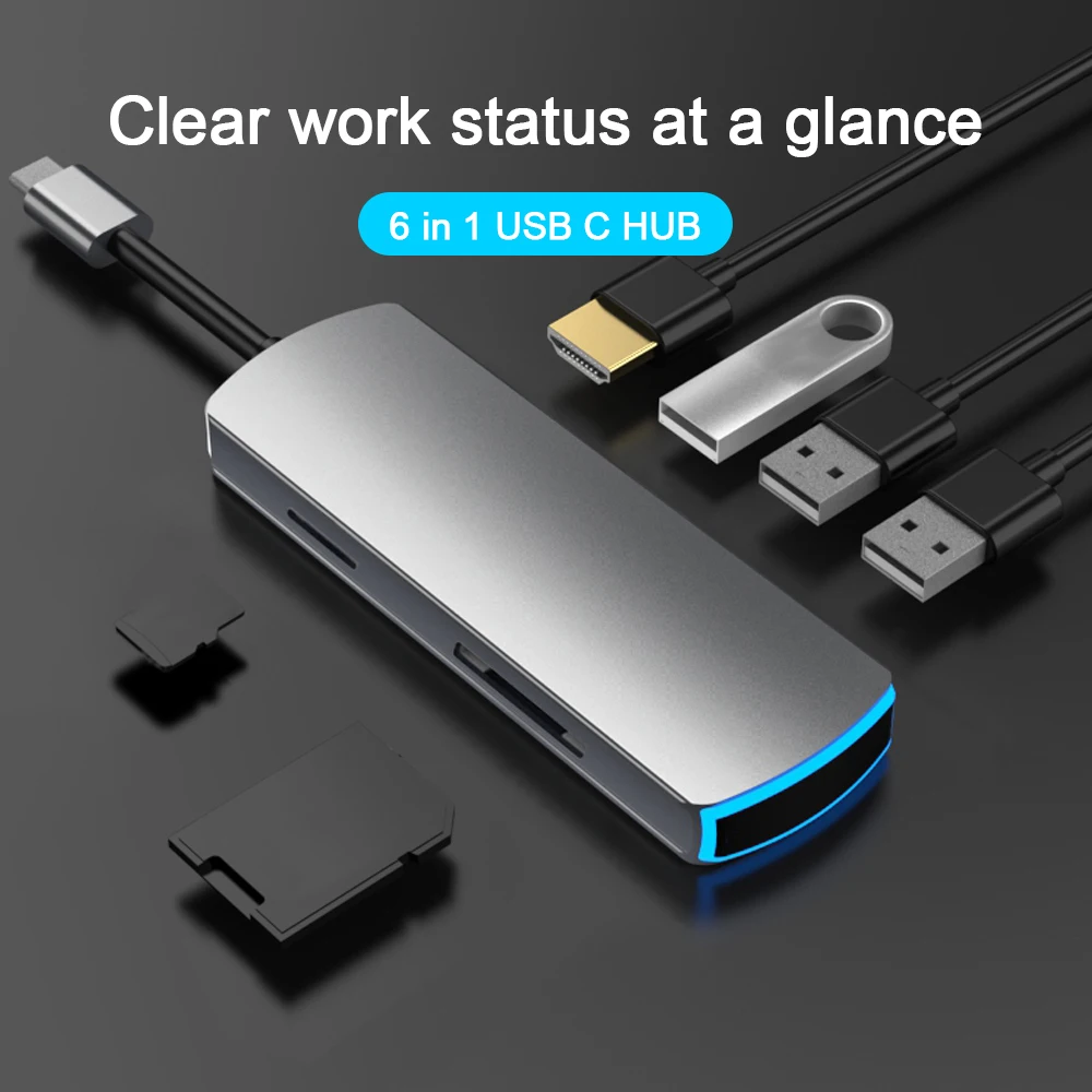 

USB C Hub Adapter 6-in-1 Type C Adapter USB C to HDMI-Compatible SD/TF Card Reader and Ethernet 3 USB 3.0 Ports Usbhub MacBook
