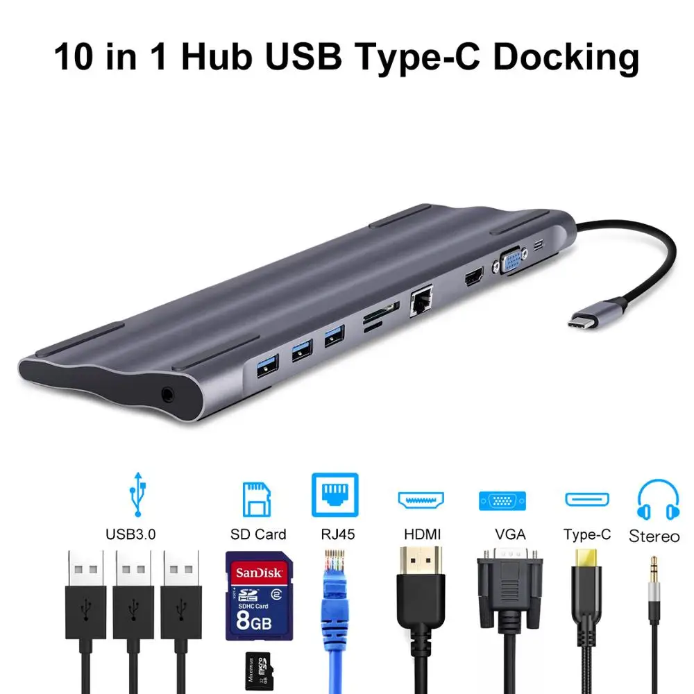 10 IN 1 USB C HUB USB C док-станция type C концентратор для MacBook Pro док-разветвитель HDMI адаптер USB C концентратор USB 3,0 RJ45 VGA 3,5 AUX Jack USB C док-станция - Цвет: 10 IN 1 USB C HUB